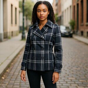 COACH (MED) Trench/Rain/Wind Plaid Black/Cream Button Up Jacket